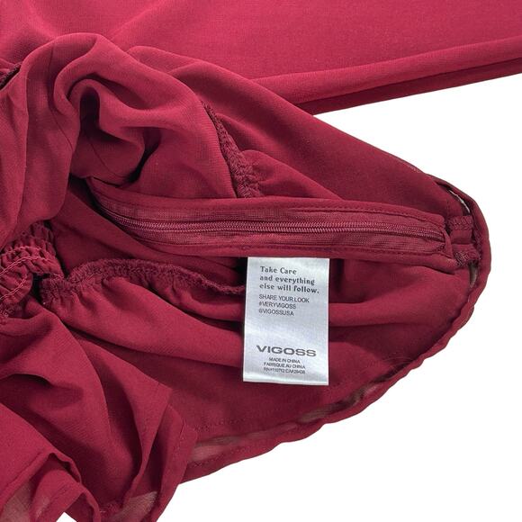 Vigoss Ruffle Chiffon Top Size Large Cherry Red Peplum Rushing Smocked Sheer - Picture 10 of 12